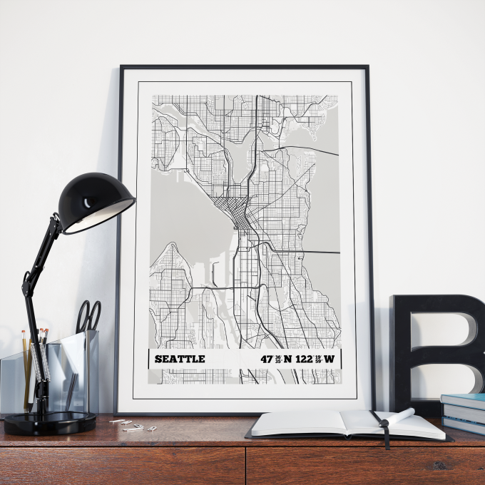 Seattle Coordinates Map Poster Print Wall Art